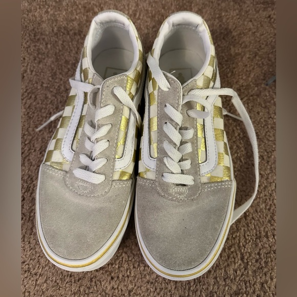 Vans Asher Kids Unisex Gold Laced Canvas Checkered Skate Slip On Shoes Size 6 - Picture 1 of 16